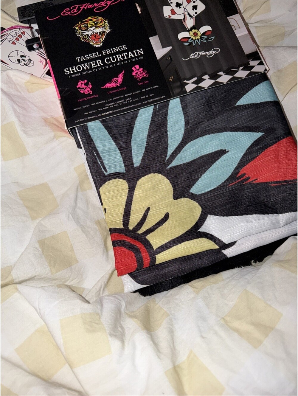 Ed Hardy Satin Black Graphic Dice Print Tassle Shower Curtain NWT